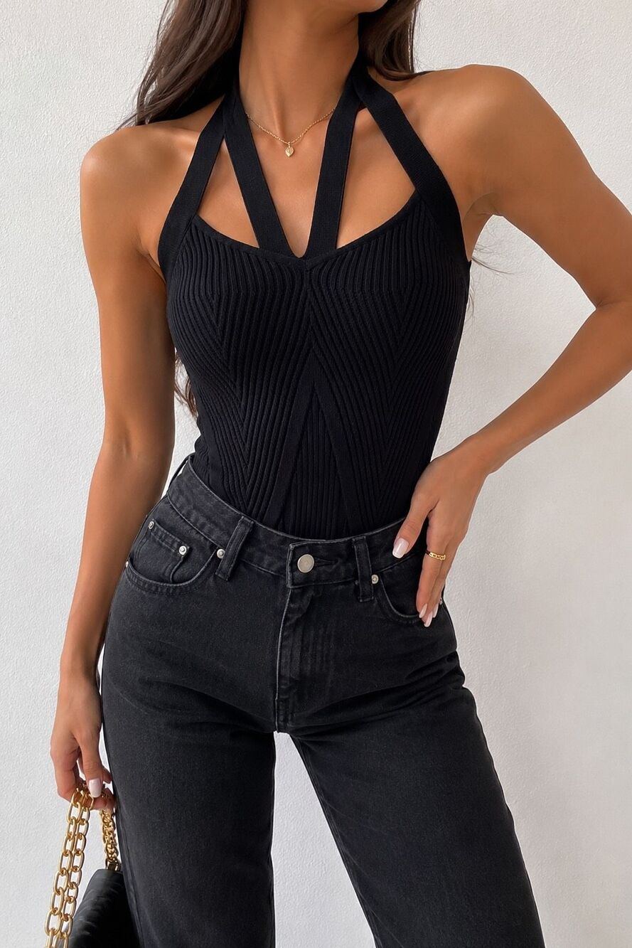 Abercrombie & Fitch Black Ribbed Bodysuit Medium Strappy Halter Y2K